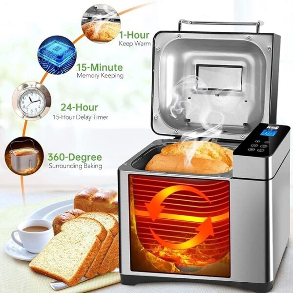 KBS Pro Stainless Steel Bread Machine, 2LB 17-in-1 Programmable XL Bread Maker with Fruit Nut Dispenser, Nonstick Ceramic Pan& Digital Touch Panel, 3 Loaf Sizes 3 Crust Colors, Reserve& Keep Warm Set - Image 5
