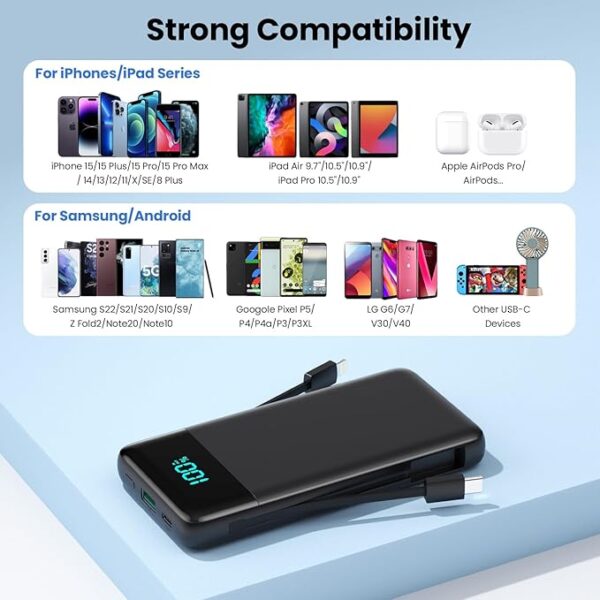 Portable Charger for iPhone with Built in Cables and Wall Plug,Upgraded 13800mAh Fast Charging USB C Power Bank,4 Outputs Travel Essential Battery Pack Compatible with iPhone 16/15/14,Samsung,Android - Image 2