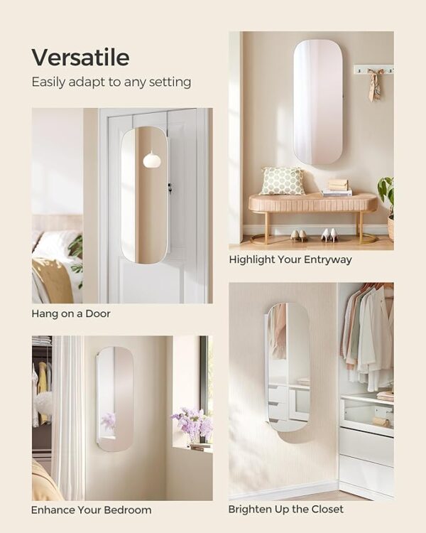 SONGMICS Jewelry Organizer, LED Jewelry Cabinet Wall or Door Mounted, Lockable Rounded Wide Mirror with Storage, Interior Mirror, 3.9 x 16.5 x 42.5 Inches, White Surface with Greige Lining - Image 4