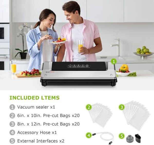 [Updated 2025] Bonsenkitchen Vacuum Sealer Machine + 40 Vacuum Bags, Fast-Compact/Multi-Functional Food Vacuum Sealer with External Vacuum System, Silver - Image 4