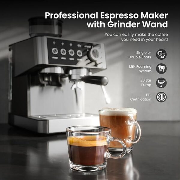 Kismile Espresso Machines with Grinder, 20 Bar Professional Espresso Maker with Removable Water Tank,Milk Frother Steam Wand for Latte&Cappuccino,Ideal for Home/Office(BLACK) - Image 4