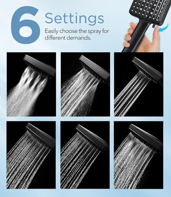Filtered Shower Head Black - 6 Modes High Pressure Handheld Shower Head with Filter Mineral Beads, Detachable Handheld Showerhead Set with Stainless Steel Hose and Shower Arm Bracket - Image 2