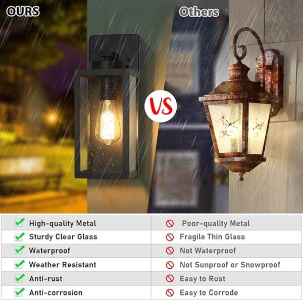 Outdoor Wall Light Fixtures, Exterior Waterproof Lanterns, Porch Sconces Wall Mounted Lighting with E26 Sockets & Glass Shades, Modern Matte Black Wall Lamps for Patio Front Door Entryway, 2-Pack - Image 3