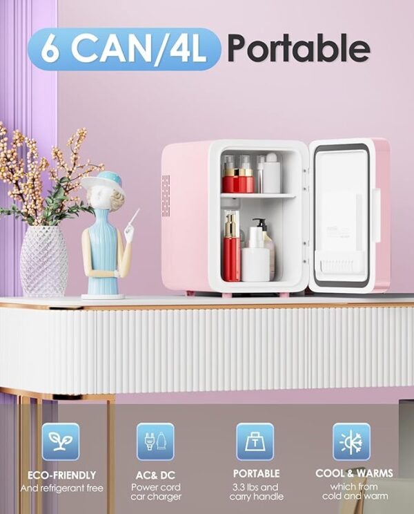 Skincare Fridge With Dimmable LED Light Mirror, 4L Makeup Mini Fridge for Bedroom, Car, Office & Dorm, Cooler & Warmer, Portable Small Refrigerator for Cosmetics, Skin Care and Food, Pink - Image 5