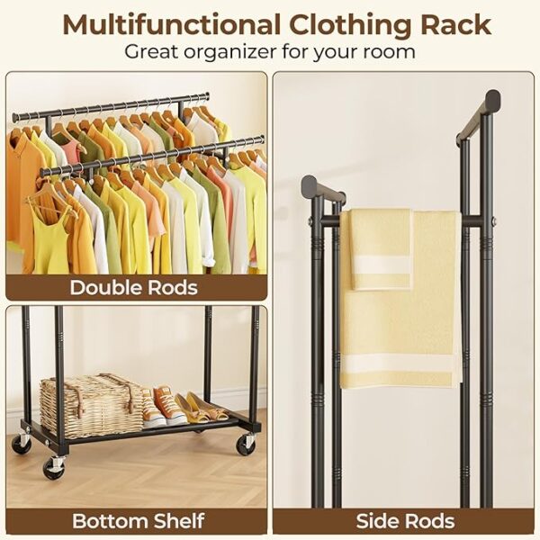 Double Rods Clothes Rack, Rolling Clothing Rack for Hanging Clothes Portable Wardrobe Rack, Metal Garment Rack Sturdy Coat Rack for Bedroom Laundry Living Room, Black - Image 2