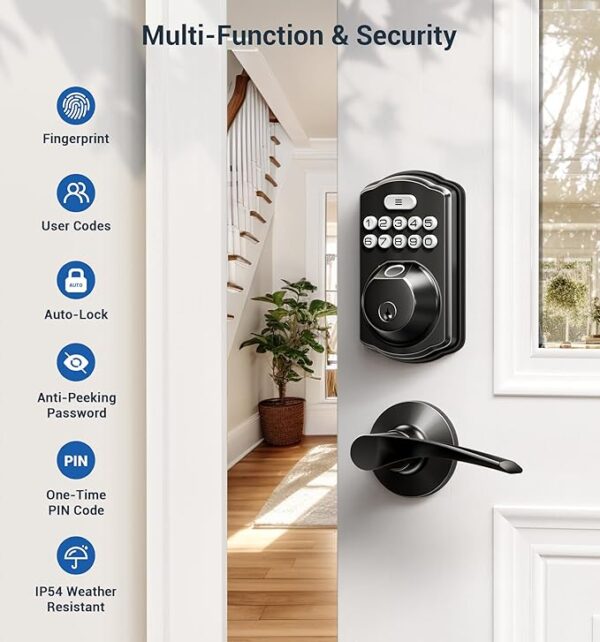 Veise Fingerprint Door Lock with 2 Lever Handles - Keyless Entry Door Lock, Electronic Keypad Deadbolt & Front Door Lock Handle Sets, Auto Lock & 1 Touch Locking, Easy Installation, Matte Black - Image 3