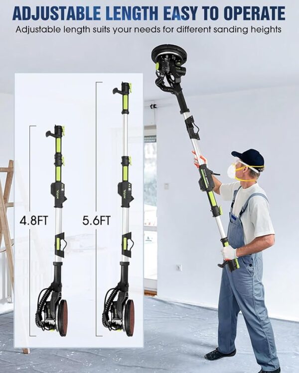 Drywall Sander, 7.2A Electric Drywall Sander with Vacuum Dust Collection, LED Light, 6 Variable Speed Digital Display 900-1800RPM, Foldable & Extendable Handle, 9 Sanding Discs&3 Grid Sandpaper - Image 4