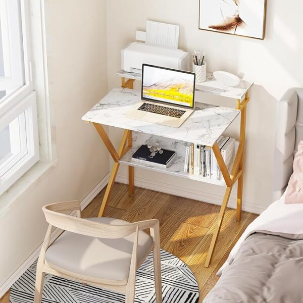 ODK Small Desk, 27.5 Inch Small Computer Desk for Small Spaces, Compact Desk with Storage, Tiny Desk Study Desk with Monitor Stand for Home Office, White Marble + Gold Leg - Image 3