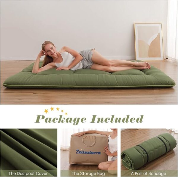 Japanese Floor Mattress, Futon Mattress with Portable Storage Bag and Washable Cover, Roll Up Mattress Thick Tatami Mattress Suitable for Camping, Guest Room, Green, Full - Image 3