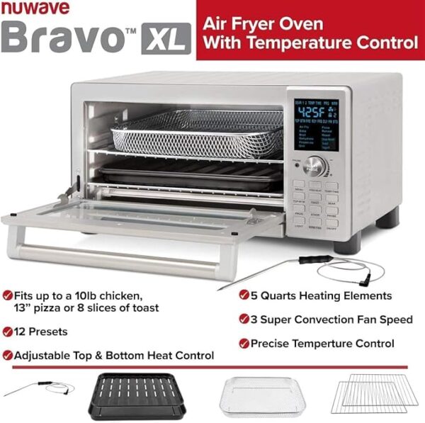 Nuwave Bravo Air Fryer Toaster Smart Oven, 12-in-1 Countertop Convection, 30-QT XL Capacity, 50°-500°F Temperature Controls, Top and Bottom Heater Adjustments 0%-100%, Brushed Stainless Steel Look - Image 3