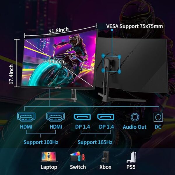 SANSUI 34-Inch Curved Gaming Monitor UWQHD 3440 x 1440 165Hz Curved 1500R - PIP/PBP, 1ms(MPRT), HDR, 300nits, sRGB 125%, DCI-P3 95%,FreeSync,HDMI x2,DP1.4 x2 (ES-G34C5 DP Cable Included) - Image 3