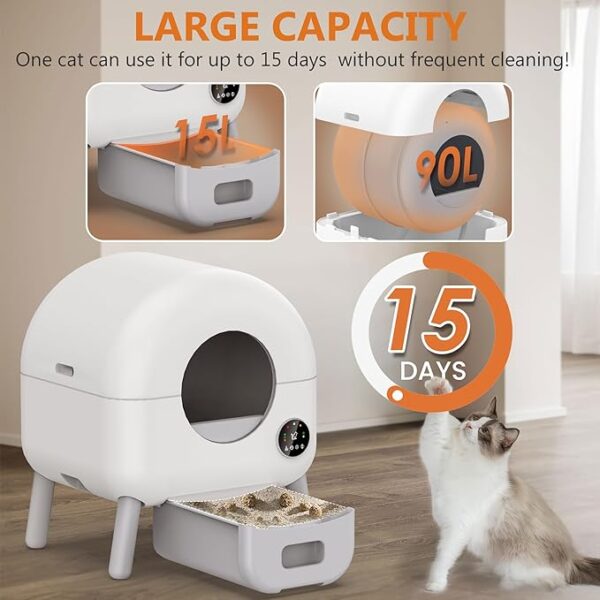 Self Cleaning Litter Box - 105L Automatic Litter Box for Multiple Cats, 1 Roll Trash Bags and Mat Included, App Control, Little-White - Image 3