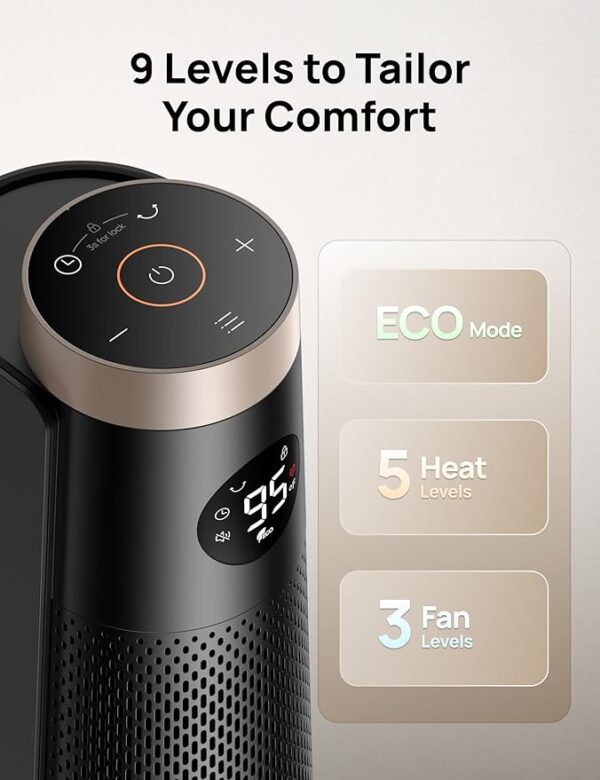Dreo Space Heater Indoor, 30" Electric Heaters with Remote, 120° Oscillation, Adjustable Thermostat, 5 Heat & 3 Fan levels, 8 Safety Protections, 25dB Quiet, 1-12H Timer, Large Room Bedroom, Gold - Image 7