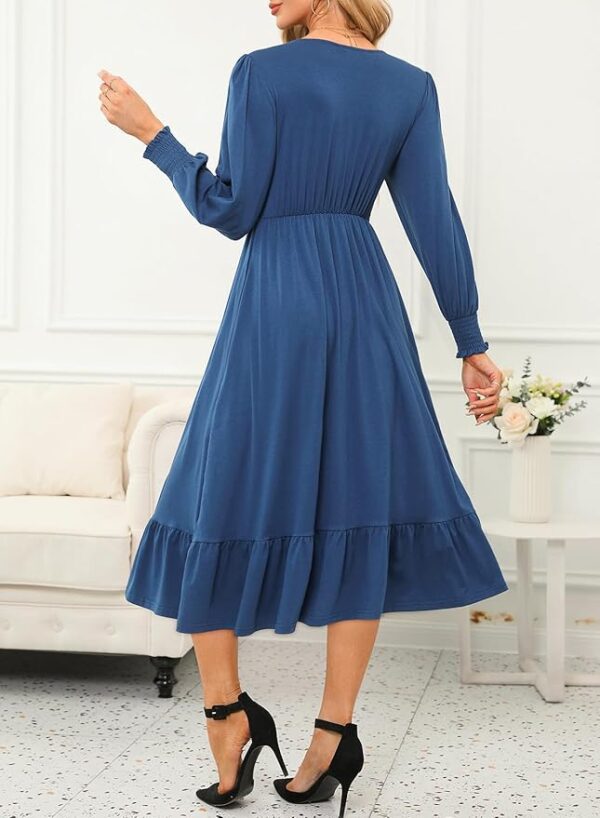 Dokotoo Womens 2024 Wrap V-Neck Twist Knot Long Sleeve Empire Waist Midi Maxi Dress A-Line Ruched Flowy Dress with Pockets - Image 5