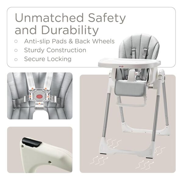 KÜB 3-in-1 Foldable Baby High Chair with Removable Seat & Tray, Adjustable Height & Recline, Locking Wheels - Image 6