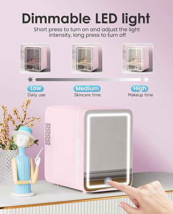 Skincare Fridge With Dimmable LED Light Mirror, 4L Makeup Mini Fridge for Bedroom, Car, Office & Dorm, Cooler & Warmer, Portable Small Refrigerator for Cosmetics, Skin Care and Food, Pink - Image 4
