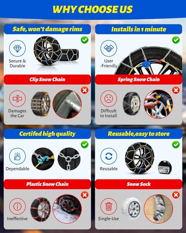 Auto Fixing Snow Chains Tire Chains For Cars Suv Pickup Trucks - Auto Fixing 1 Min Quick Fit AND Easy Installation, Reusable Universal Emergency Traction Snow Chains - Set of 2（HKN170） - Image 3