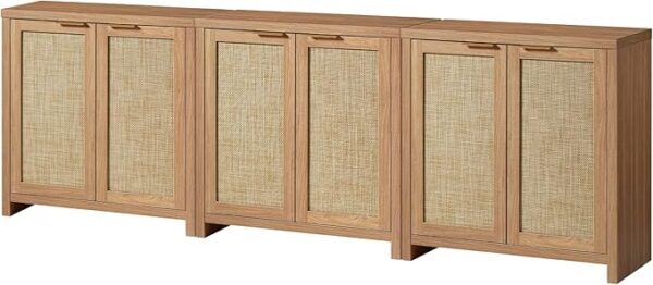Hampstead Storage Sideboard Cabinet with Rattan Doors and Adjustable Shelves, Buffet Kitchen Cabinet Cupboard Console for Living Room, Set of 3