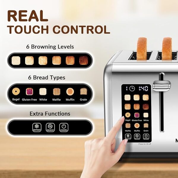 Mecity 4 Slice Toaster Touch Screen Control 4 Wide Slot, Stainless Steel Smart Bread Toaster for Bagel Muffin Waffle, Dual Control Pannel, Timer, Defrost, Reheat, 120V 1650W - Image 6
