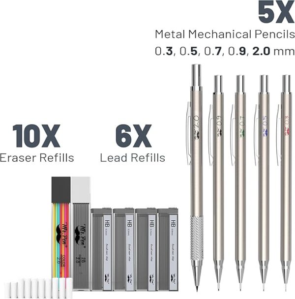 Mr. Pen- Metal Mechanical Pencil Set with Lead and Eraser Refills, 5 Sizes, 0.3, 0.5, 0.7, 0.9, 2mm, Drafting, Sketching, Architecture, Christmas Gift - Image 2