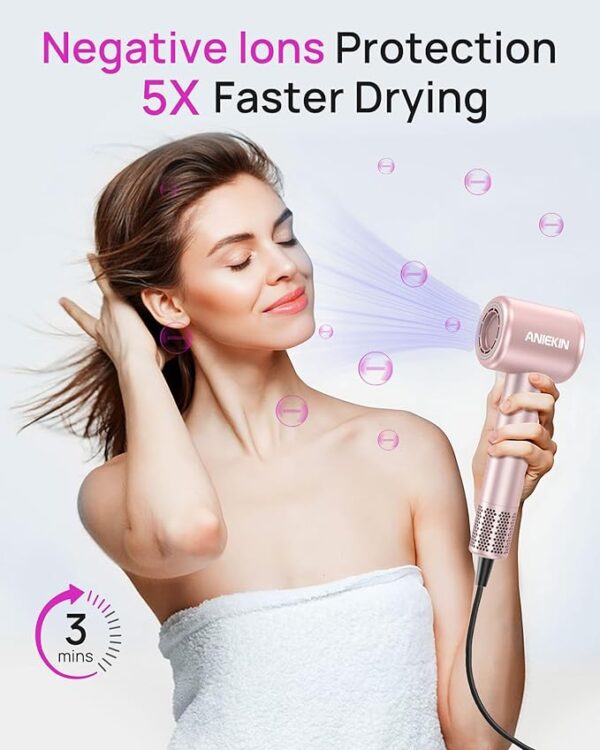Hair Dryer, High-Speed Ionic Low Noise Blow Dryer with Brushless Motor for Fast Drying, Thermo-Control Quiet Compact Hair Blow Dryer with Magnetic Diffuser for Curly Hair for Home Travel Salon - Image 3