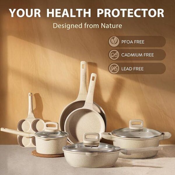 CAROTE 13pcs Kitchen Pots and Pans Set Non Stick, Taupe Nonstick Cookware Set, Frying pans, Kitchen Essentials, Frying pans with lids - Image 4