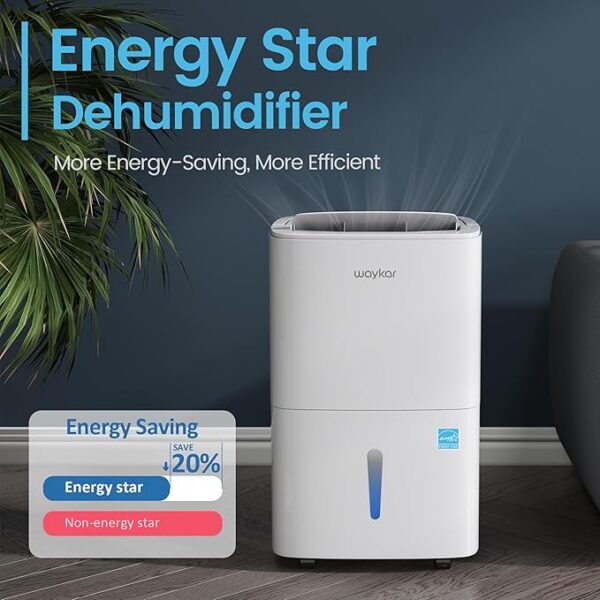 Waykar 80 Pints Energy Star Home Dehumidifier for Spaces up to 5,000 Sq. Ft at Home, in Basements and Large Rooms with Drain Hose, Handle, Auto Defrost and Self-Drying. - Image 2