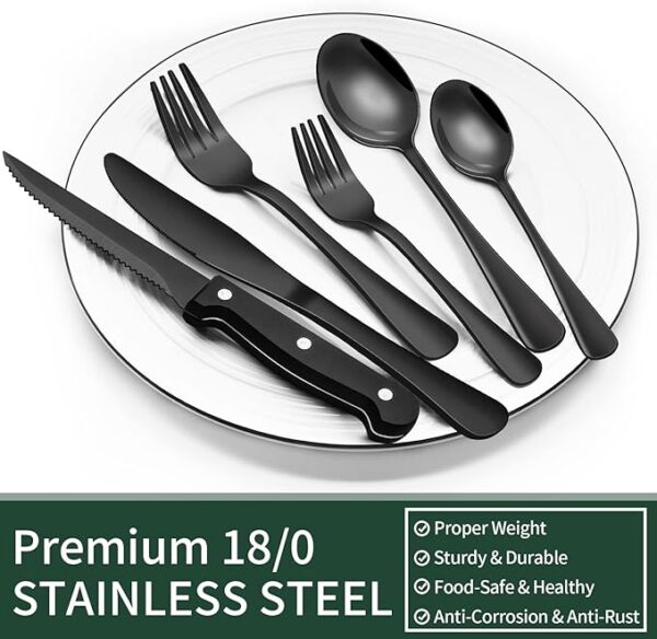 24-Piece Black Silverware Set with Steak Knives, Black Flatware Set for 4, Food-Grade Stainless Steel Tableware Cutlery Set, Mirror Finished Utensil Sets for Home Restaurant - Image 4