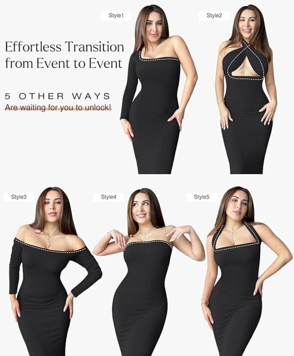 Popilush Long Sleeve Maxi Dress Bodycon Cocktail Dress Shapewear Tummy Control Fall Formal Dresses Built-in Bra - Image 2