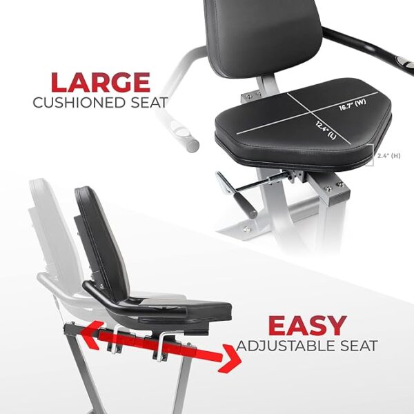 Sunny Health & Fitness Compact Performance Recumbent Bike w/Dual Motion Arm/Leg Exercisers for Senior Home Training w/Quick Adjust Seat & Optional Exclusive Free SunnyFit App Bluetooth Connectivity - Image 4
