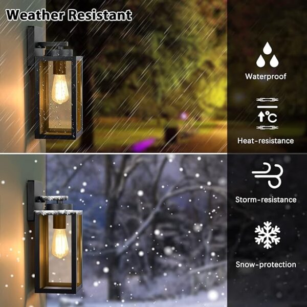 Outdoor Wall Light Fixtures, Exterior Waterproof Lanterns, Porch Sconces Wall Mounted Lighting with E26 Sockets & Glass Shades, Modern Matte Black Wall Lamps for Patio Front Door Entryway, 2-Pack - Image 4