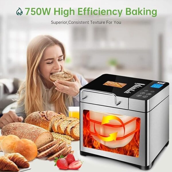 KBS Pro Stainless Steel Bread Machine, 2LB 17-in-1 Programmable XL Bread Maker with Fruit Nut Dispenser, Nonstick Ceramic Pan& Digital Touch Panel, 3 Loaf Sizes 3 Crust Colors, Reserve& Keep Warm Set - Image 3