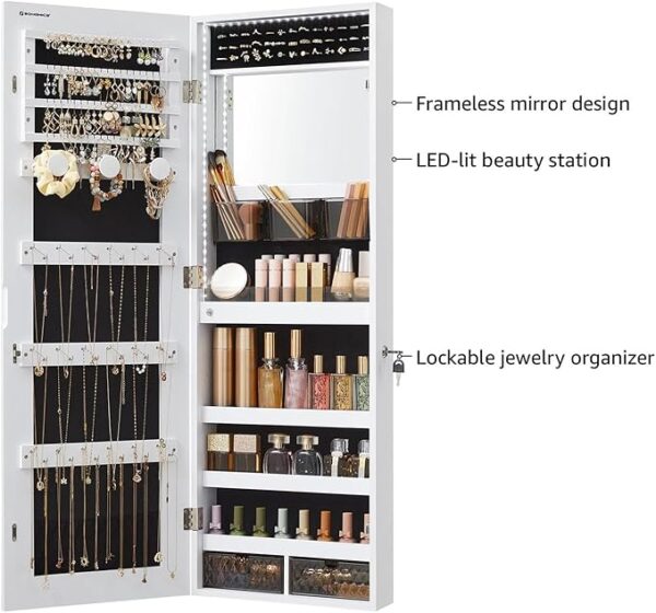 SONGMICS Mirror Jewelry Cabinet Armoire Organizer, Wall or Door Mount Storage Cabinet with Full-Length Frameless Lighted Mirror, Built-in Makeup Mirror, 2 Drawers, Lockable, White UJJC013W01 - Image 4
