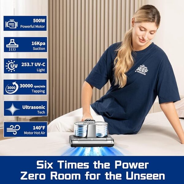 Bed Vacuum Cleaner 5 in 1 Mattress Vacuum with 16Kpa Suction 253.7nm UV-C Light, HEPA Filtration, Ultrasound , 140℉ Hot Air, 30000Rpm/Min Brushroll Rotation, Replacement Filter Included, 500W, Corded - Image 2