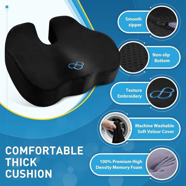 BlissTrends Seat Cushion,Thick Memory Foam Cushions for Office Chair, Car Seat, Airplane, Relieving Pressure Tailbone Sciatica Back Pain for Long Sitting Office Workers, Car Drivers 4.7in Thick Black - Image 3