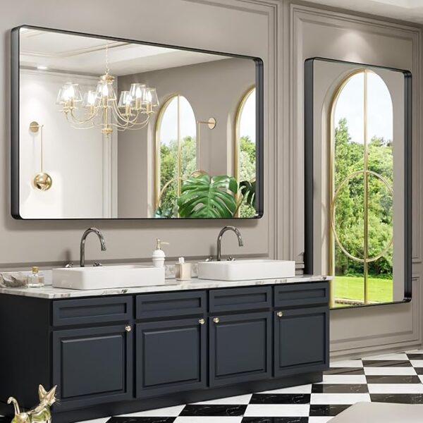 LOAAO 60X30 Inch Black Metal Framed Bathroom Mirror for Wall, Matte Black Bathroom Vanity Mirror Farmhouse, Large Rounded Rectangle Mirror, Anti-Rust, Tempered Glass, Hangs Horizontally or Vertically - Image 3