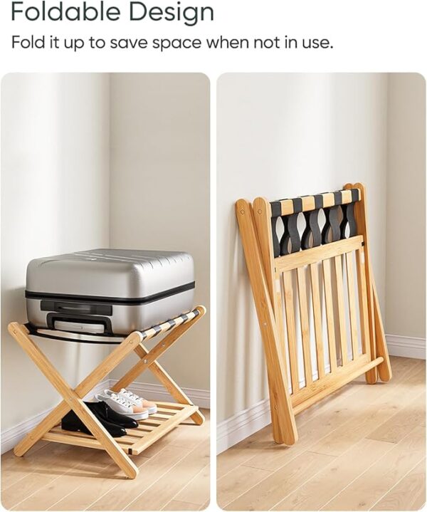 Fully Assembled Luggage Racks Pack of 2, Folding Suitcase Stand with Storage Shelf, Bamboo Luggage Stand with 5 Nylon Straps for Guest Room, Bedroom, Heavy Duty, Natural - Image 3