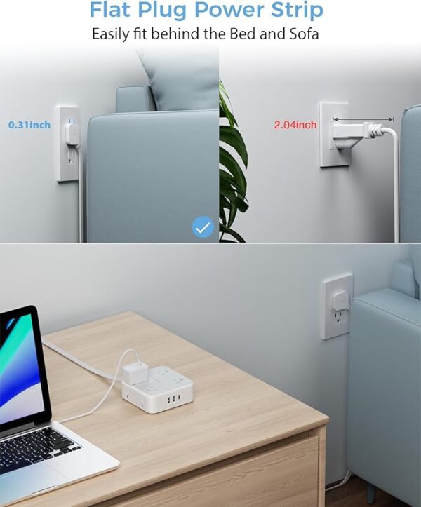 Surge Protector Flat Extension Cord Flat Plug Power Strip, 8 AC Outlets, 3 USB Charger(1 USB C Port) 3-Sided Outlet Extender, 5 Ft, 900 Joules Protection, Office Supplies, Dorm Room Essentials, Grey - Image 6