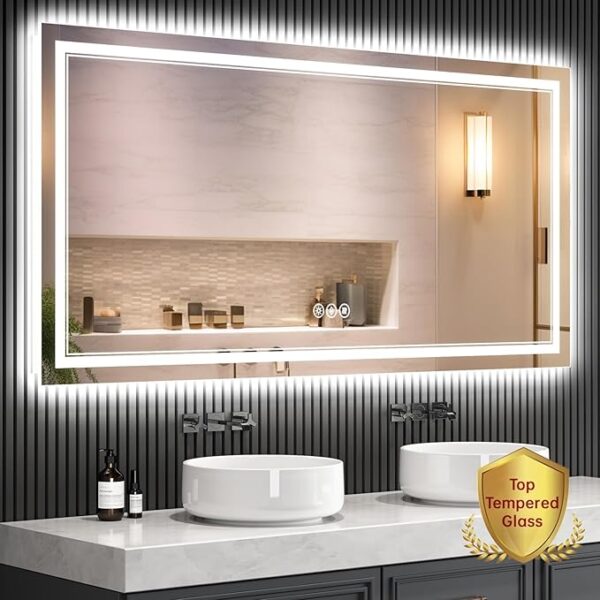 New LED Bathroom Mirror 72x36 Inch with Front and Backlit, CRI 90+, 3 Colors & Stepless Dimmable Lighted Bathroom Mirror, Anti-Fog, Memory, Top-Grade Tempered Glass, Rotatable