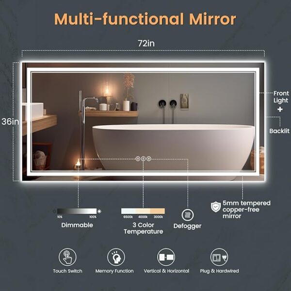 New LED Bathroom Mirror 72x36 Inch with Front and Backlit, CRI 90+, 3 Colors & Stepless Dimmable Lighted Bathroom Mirror, Anti-Fog, Memory, Top-Grade Tempered Glass, Rotatable - Image 4