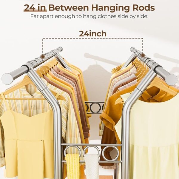 Heavy Duty Clothes Rack, Rolling Clothing Rack With Shelves Load 620 LBS, Double Rod Clothing Racks for Hanging Clothes, Portable& Adjustable Clothes Rack with Wheels Garment Rack - Image 4