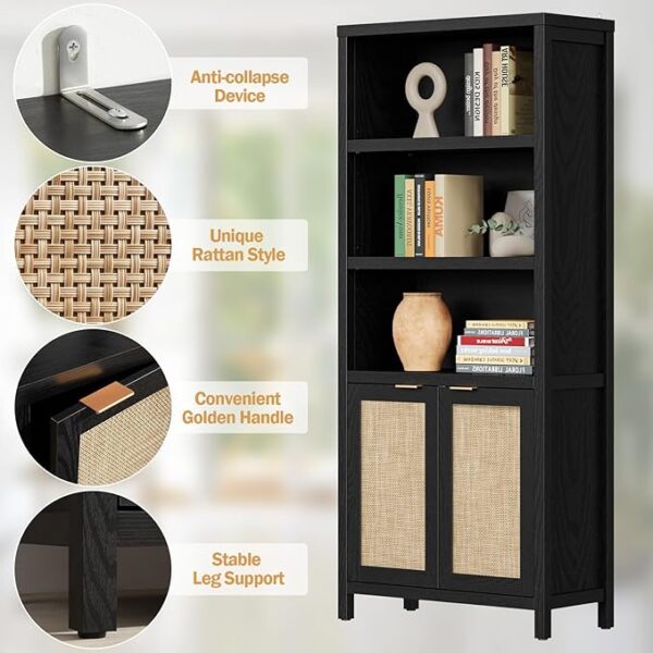 SICOTAS Bookcase 5 Tier Bookshelf Rattan Boho Tall Book Case Shelf with Doors Storage Wood Large Bookcase Farmhouse Bookshelves Library Shelves for Living Room Bedroom Home Office Kitchen (Black 2PCS) - Image 4