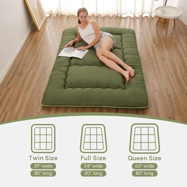 Japanese Floor Mattress, Futon Mattress with Portable Storage Bag and Washable Cover, Roll Up Mattress Thick Tatami Mattress Suitable for Camping, Guest Room, Green, Full - Image 6