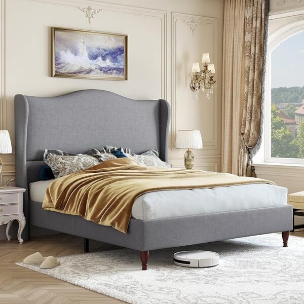 Queen Size Upholstered Bed Frame with 51" Tall Headboard Wingback Platform Bed with Soft Fabric, Retro Simple Style Sleigh Bedframe No Box Spring Needed, Noise-Free/Easy Assembly, Light Grey - Image 3