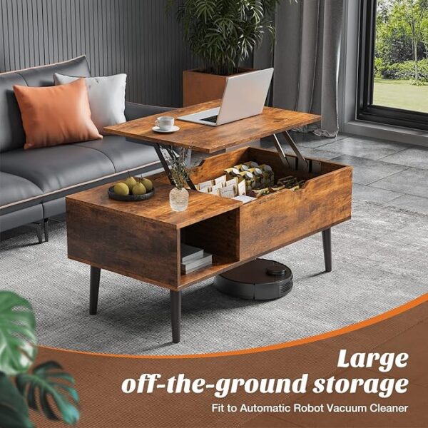 Sweetcrispy Coffee Table, Lift Top Coffee Tables for Living Room, Small Rising Wooden Dining Center Tables with Storage Shelf and Hidden Compartment, Brown - Image 4