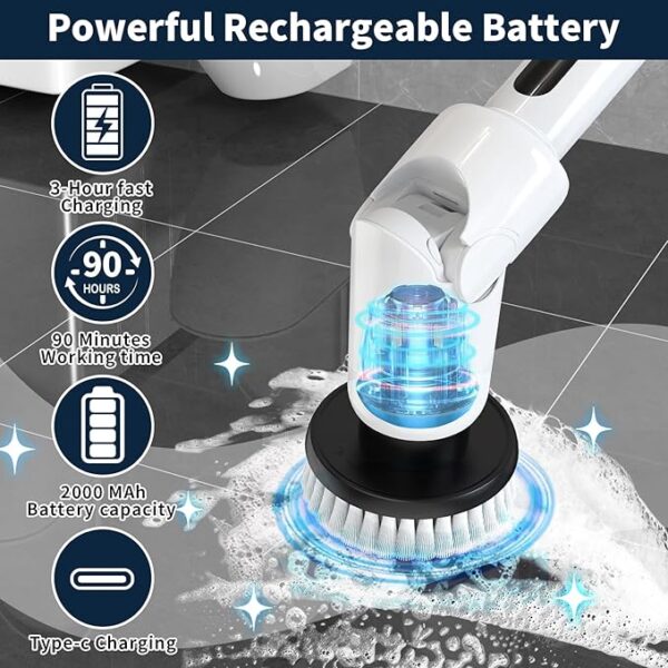Electric Spin Scrubber - Cordless Cleaning Brush with Digital Display, 2 Speeds, 8 Brush Heads, IPX7 Waterproof, Adjustable Long Handle for Bathroom, Tub, Tile, Shower, and Car - Image 6