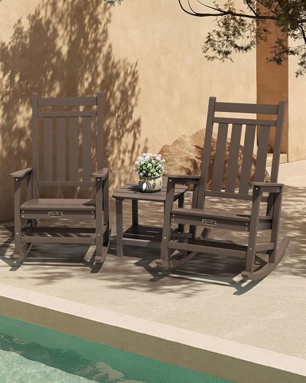 SERWALL Outdoor Rocking Chair Set of 2, HDPE Rocking Chairs for Adult, All Weather Porch Rockers for Lawn Garden, Coffee - Image 6