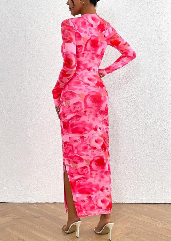 PRETTYGARDEN Women's Bodycon Maxi Dress Fall Spring Fashion Long Sleeve Floral Print Tight Fitted Party Club Ruched Dresses - Image 4