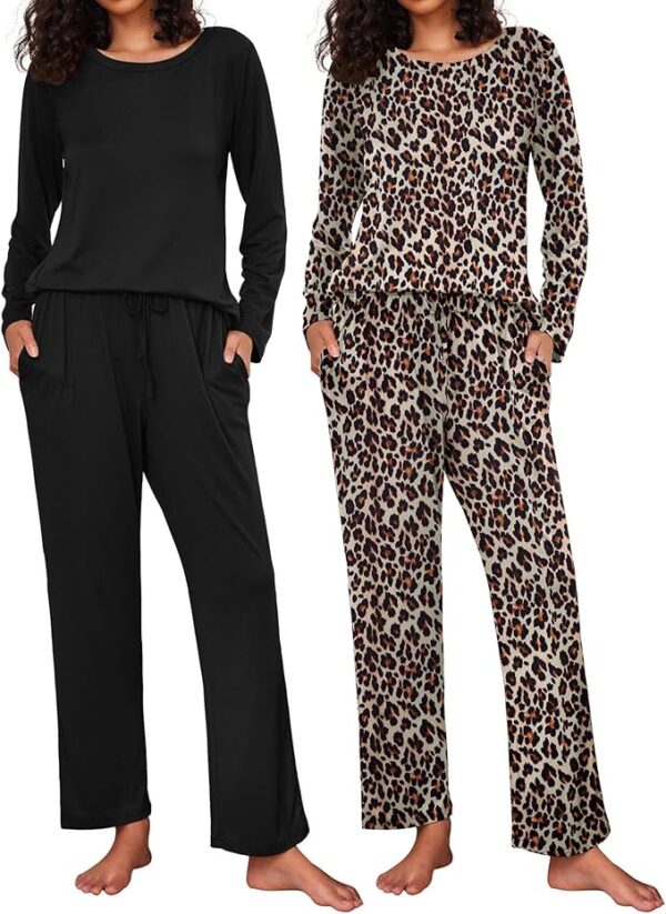 Ekouaer 2 Pack Women's Pajama Set Soft Long Sleeve Sleepwear Loungewear Pjs Sets with Pockets S-XXL