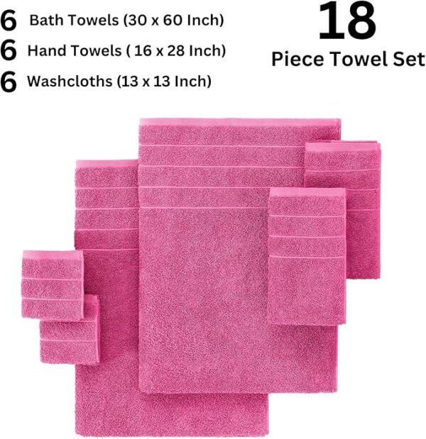 Casa Platino 18 Piece Towel Set, 4 Large Bath Towels(30"x 60"), Hand Towels for Bathroom Set of 6 & 8 Washcloths, 100% Ring Spun Cotton Large Towels, Absorbent Towels and Washcloths Sets - Fuchsia - Image 6